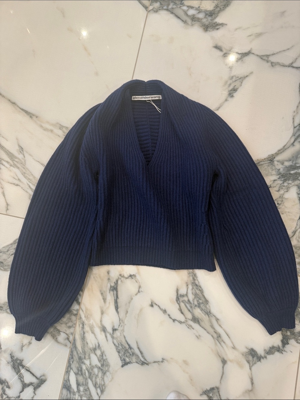 Alexander Wang Navy Ribbed V-Neck Balloon Sleeve Sweater